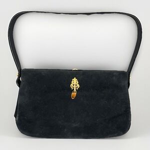 Vintage‎ Bienen-Davis Black Suede Handbag Clutch w. Gold-tone Accents
